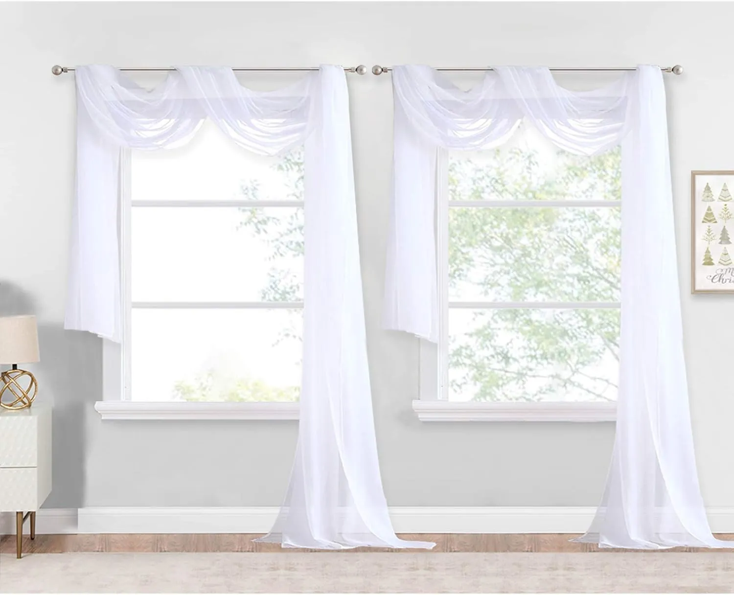 NICETOWN White Sheer Window Scarf 216 inch Extra Long, Soft Voile Textured Bed Canopy Scarf Curtains for Event Designs/Home Decor, 60 inches Wide, Set of 2