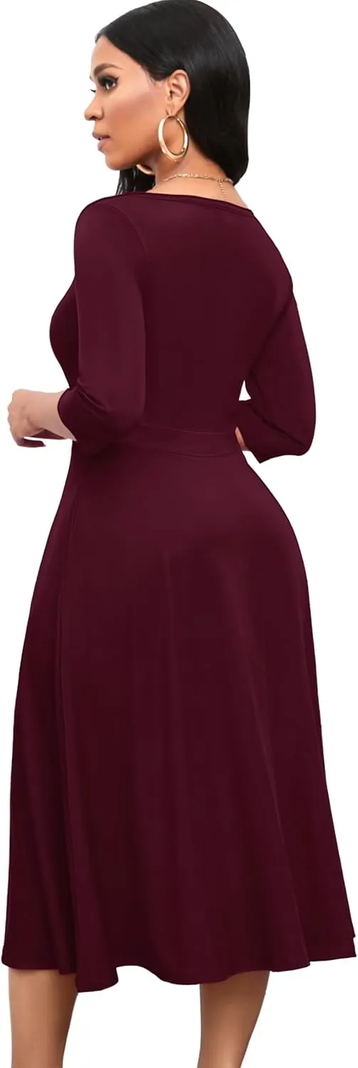 Nmoder Women's Casual Wrap Flared Midi Dress Wedding Guest Cocktail Tea Dresses A-Line Swing V-Neck 3/4 Sleeve