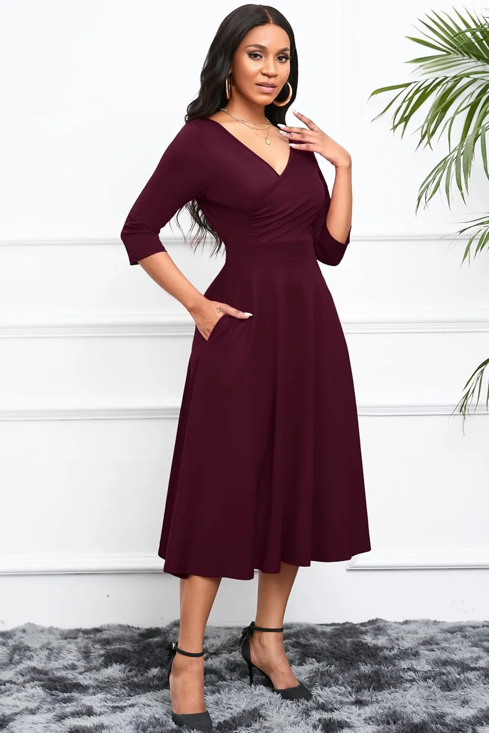 Nmoder Women's Casual Wrap Flared Midi Dress Wedding Guest Cocktail Tea Dresses A-Line Swing V-Neck 3/4 Sleeve
