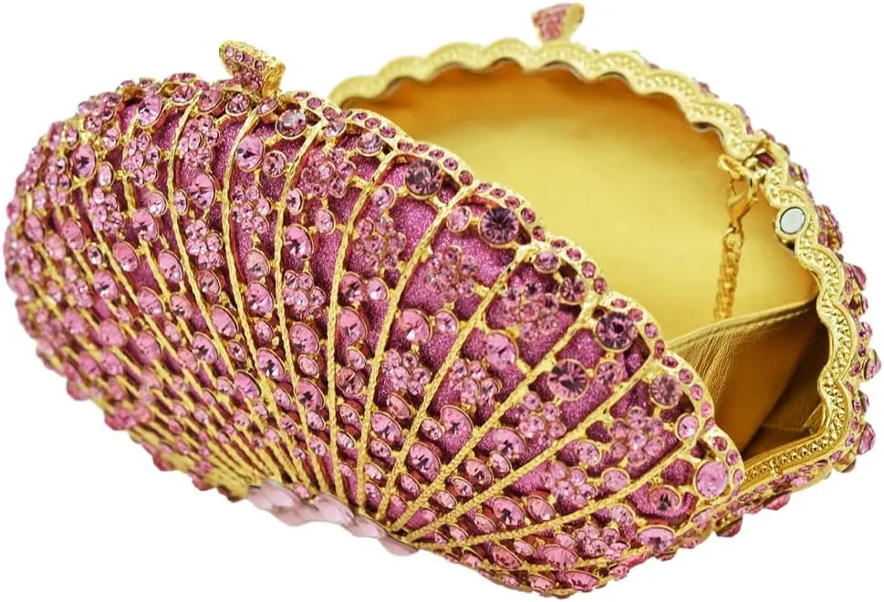 Noble Women Shell Crystal Clutch Rhinestone Evening Bag Seashell Clutch Purse Diamond Handbag for Party Cocktail