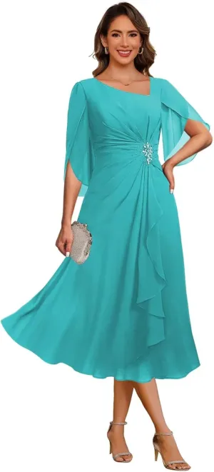 Noras dress Appliques Mother of Bride Dresses for Wedding Ruffle Cap Sleeves Tea Length Formal Evening Party Gowns B096