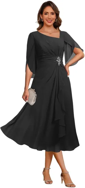 Noras dress Appliques Mother of Bride Dresses for Wedding Ruffle Cap Sleeves Tea Length Formal Evening Party Gowns B096