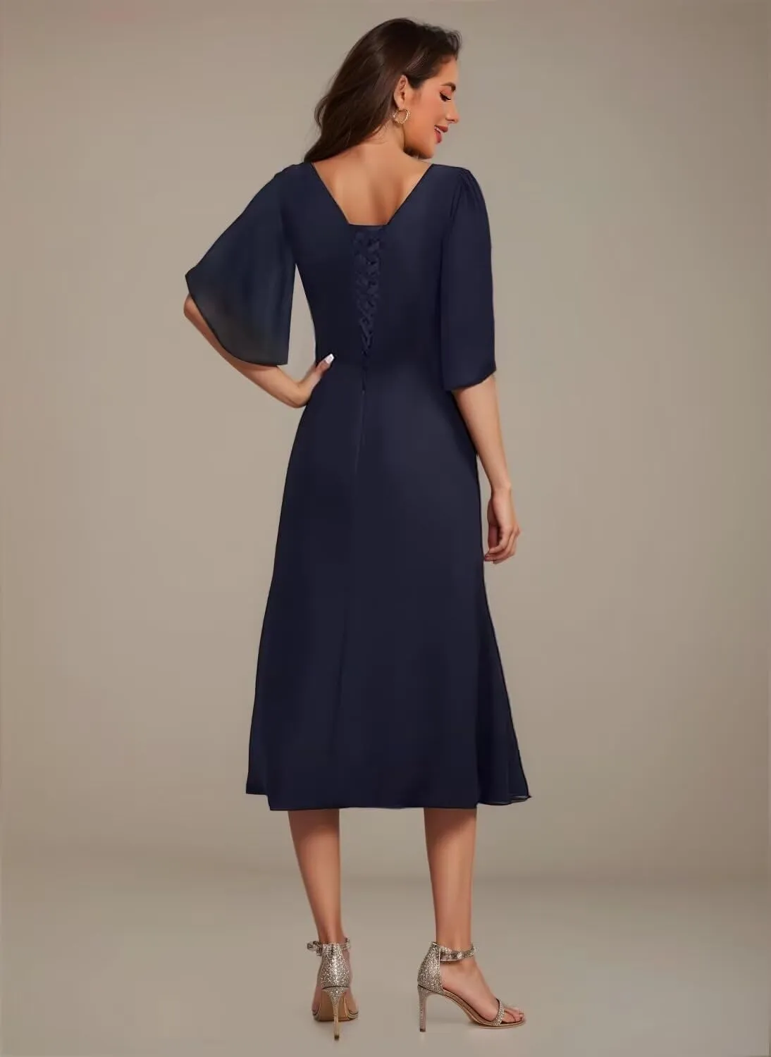 Noras dress Appliques Mother of Bride Dresses for Wedding Ruffle Cap Sleeves Tea Length Formal Evening Party Gowns B096