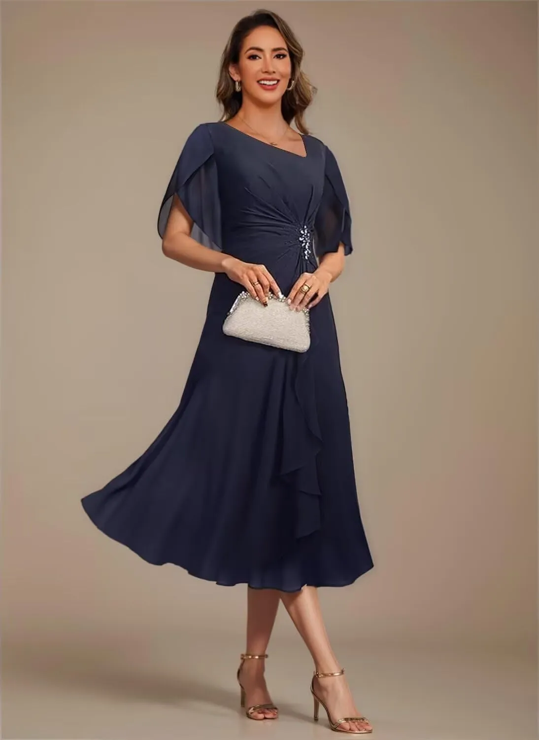 Noras dress Appliques Mother of Bride Dresses for Wedding Ruffle Cap Sleeves Tea Length Formal Evening Party Gowns B096