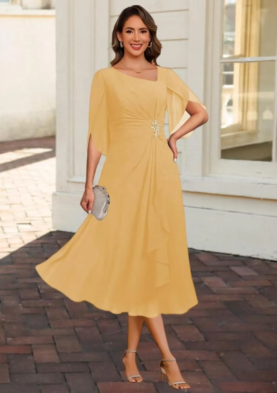 Noras dress Appliques Mother of Bride Dresses for Wedding Ruffle Cap Sleeves Tea Length Formal Evening Party Gowns B096