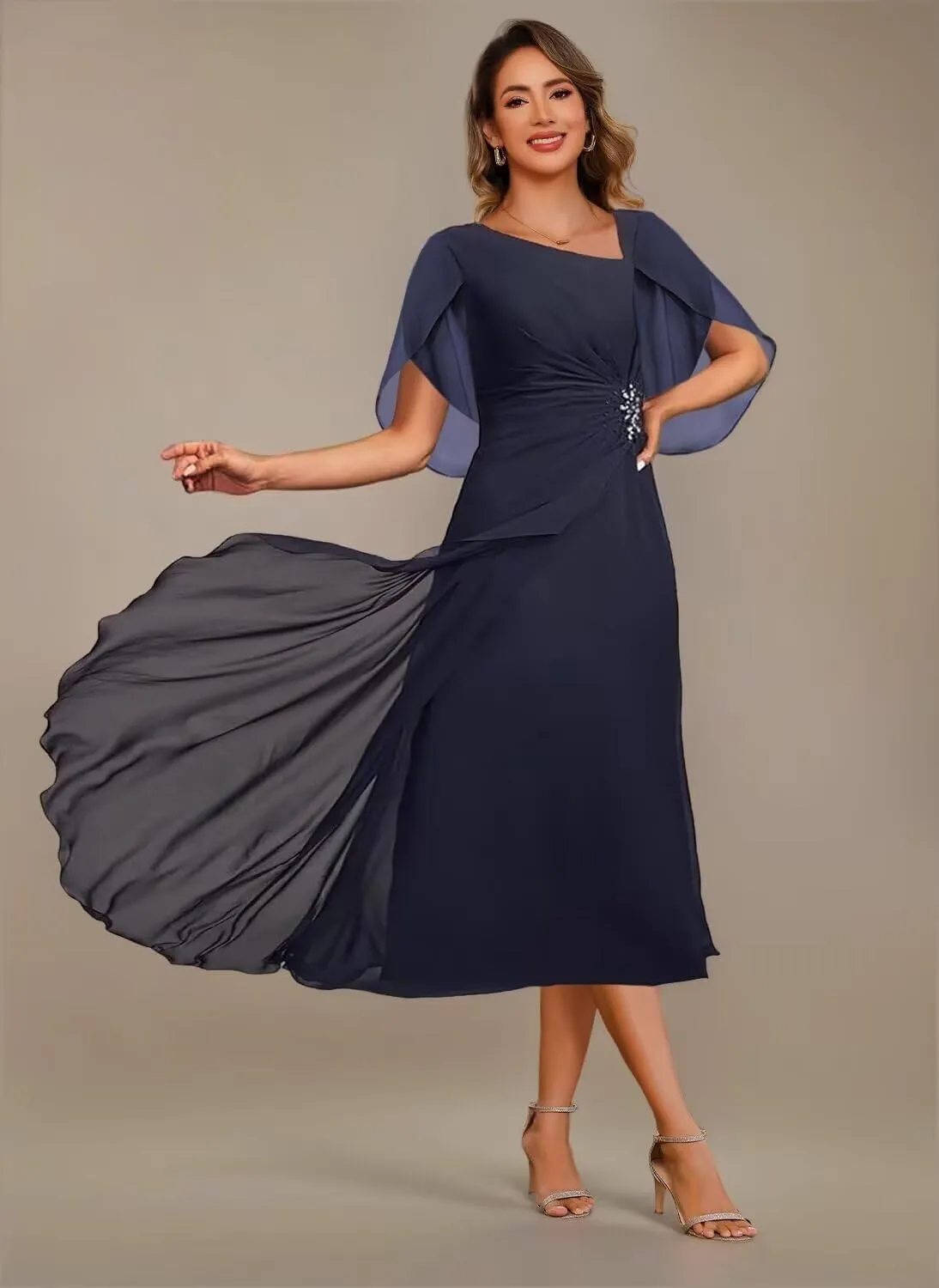 Noras dress Appliques Mother of Bride Dresses for Wedding Ruffle Cap Sleeves Tea Length Formal Evening Party Gowns B096