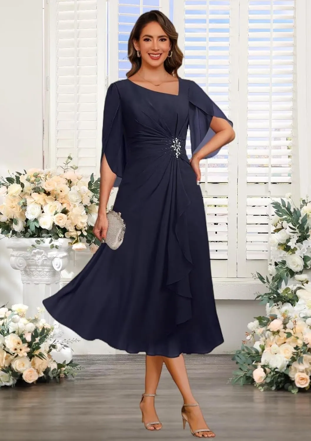 Noras dress Appliques Mother of Bride Dresses for Wedding Ruffle Cap Sleeves Tea Length Formal Evening Party Gowns B096