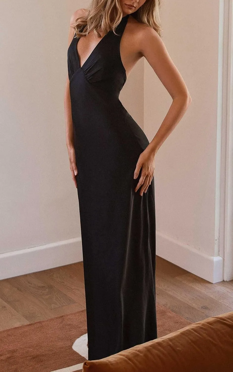 NUFIWI Women Satin Halter Neck Maxi Dress Sleeveless V Neck Backless Bodycon Dresses Self Tie Party Wedding Long Dress