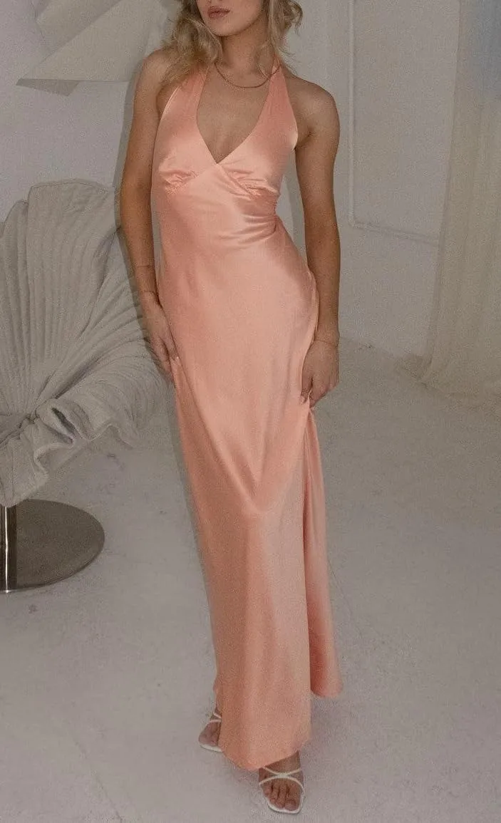 NUFIWI Women Satin Halter Neck Maxi Dress Sleeveless V Neck Backless Bodycon Dresses Self Tie Party Wedding Long Dress