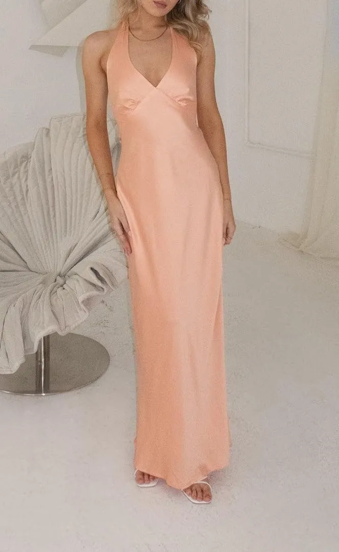 NUFIWI Women Satin Halter Neck Maxi Dress Sleeveless V Neck Backless Bodycon Dresses Self Tie Party Wedding Long Dress