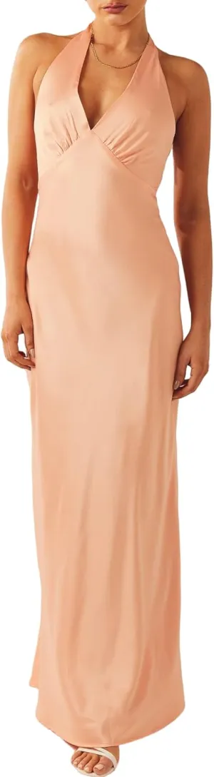 NUFIWI Women Satin Halter Neck Maxi Dress Sleeveless V Neck Backless Bodycon Dresses Self Tie Party Wedding Long Dress