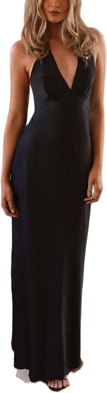 NUFIWI Women Satin Halter Neck Maxi Dress Sleeveless V Neck Backless Bodycon Dresses Self Tie Party Wedding Long Dress