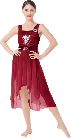 ODASDO Women Adult Lyrical Dance Dress Modern Contemporary Costume Sequins Mesh Tulle High Low Skirt Ballet Dancewear