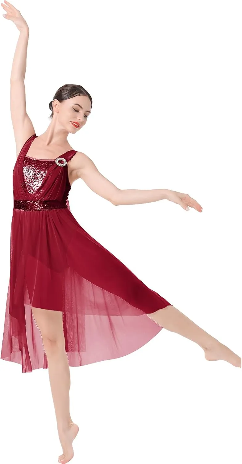 ODASDO Women Adult Lyrical Dance Dress Modern Contemporary Costume Sequins Mesh Tulle High Low Skirt Ballet Dancewear