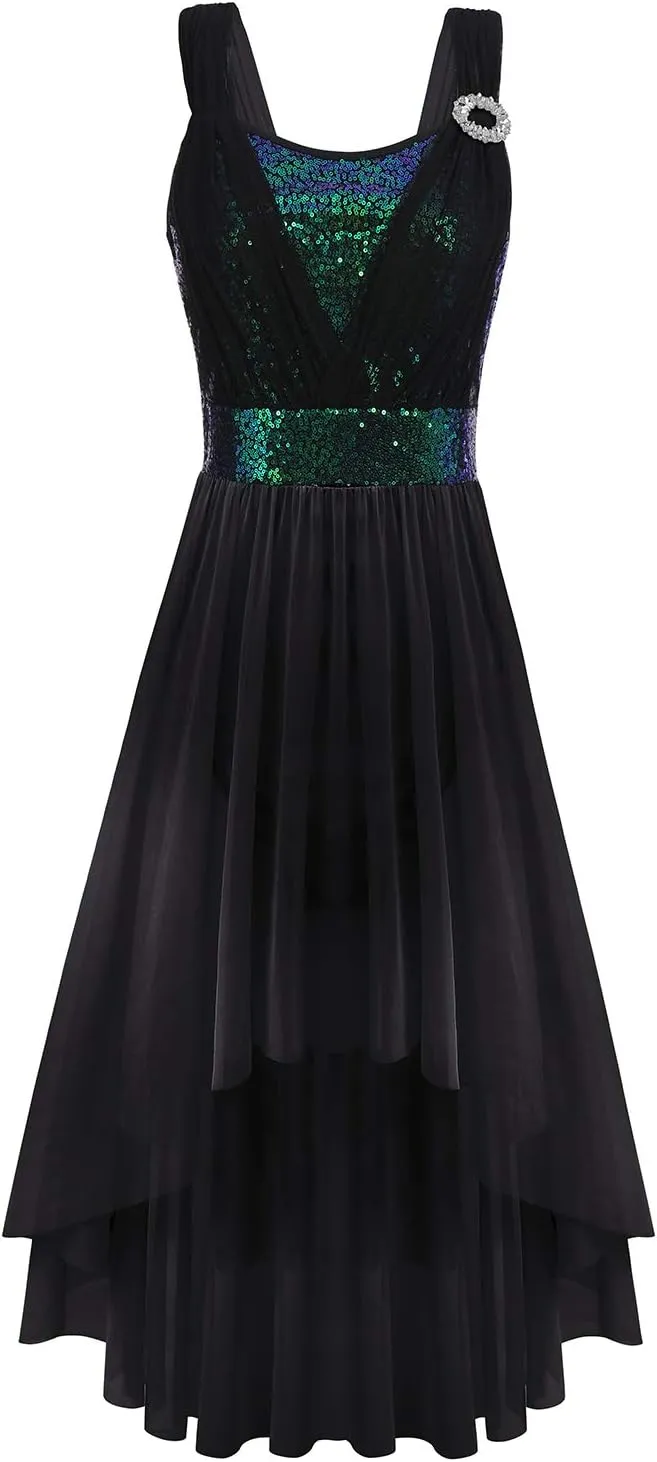 ODASDO Women Adult Lyrical Dance Dress Modern Contemporary Costume Sequins Mesh Tulle High Low Skirt Ballet Dancewear