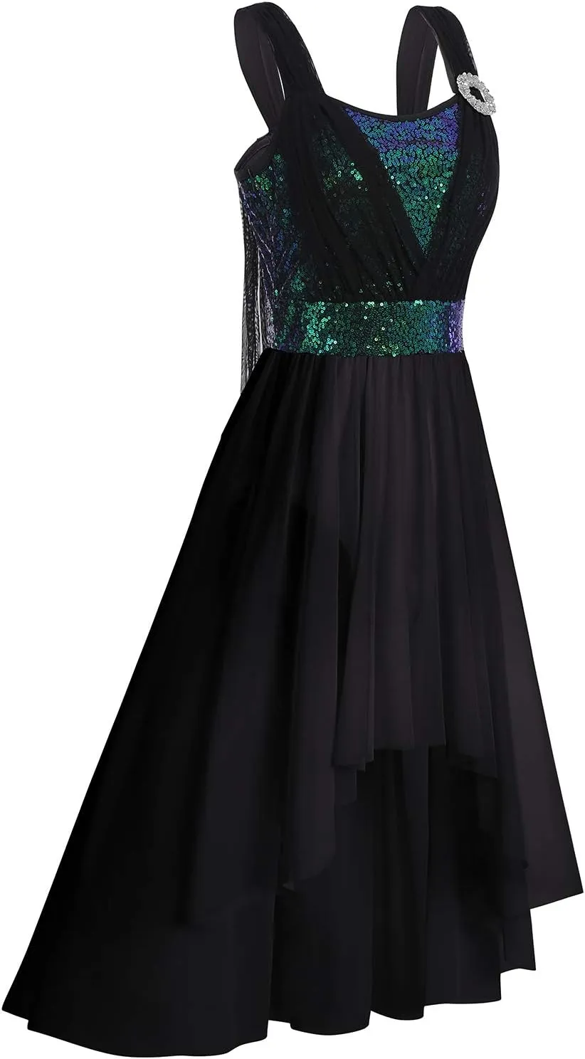 ODASDO Women Adult Lyrical Dance Dress Modern Contemporary Costume Sequins Mesh Tulle High Low Skirt Ballet Dancewear