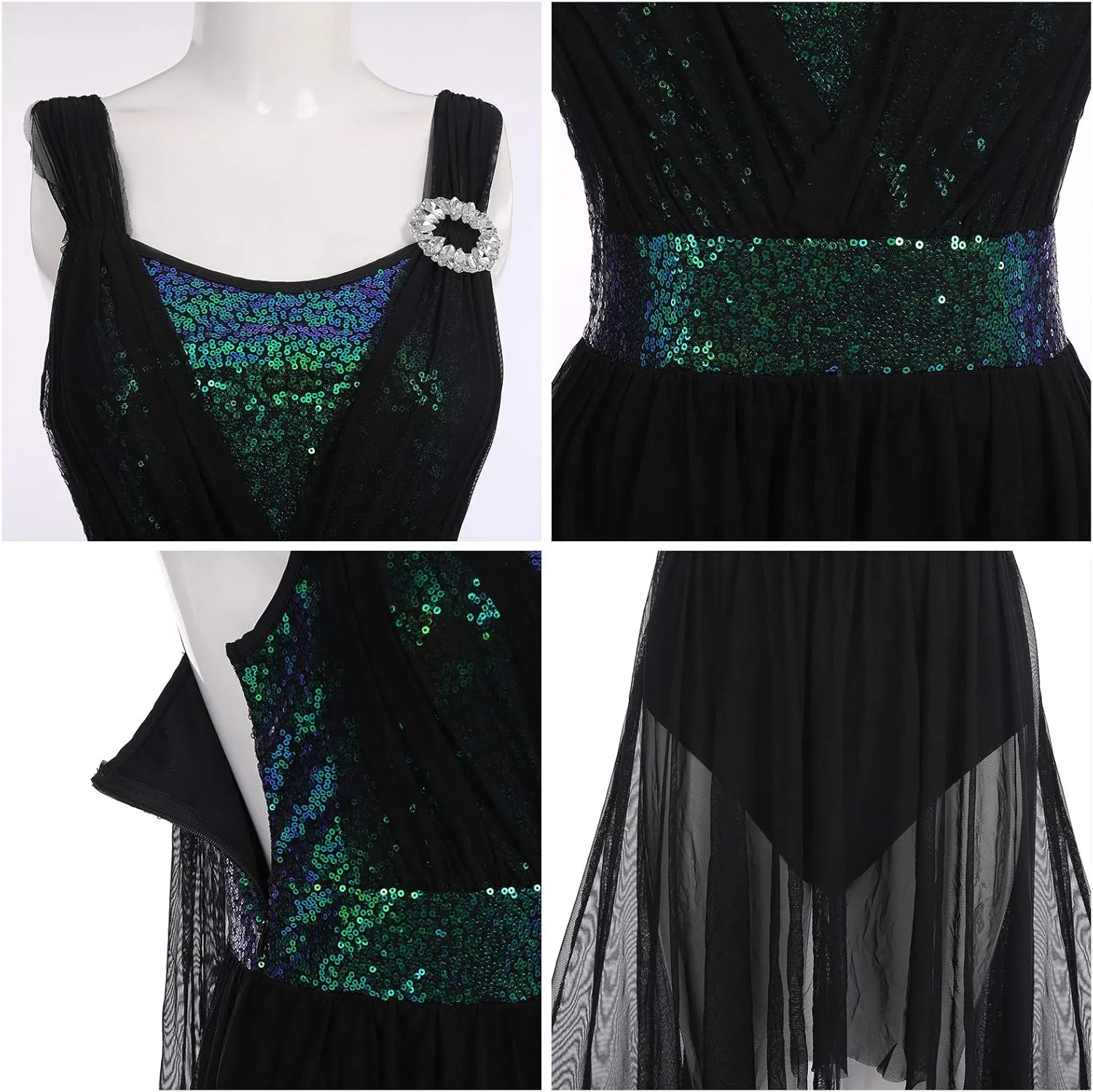 ODASDO Women Adult Lyrical Dance Dress Modern Contemporary Costume Sequins Mesh Tulle High Low Skirt Ballet Dancewear