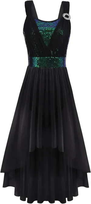 ODASDO Women Adult Lyrical Dance Dress Modern Contemporary Costume Sequins Mesh Tulle High Low Skirt Ballet Dancewear
