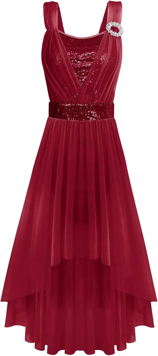 ODASDO Women Adult Lyrical Dance Dress Modern Contemporary Costume Sequins Mesh Tulle High Low Skirt Ballet Dancewear