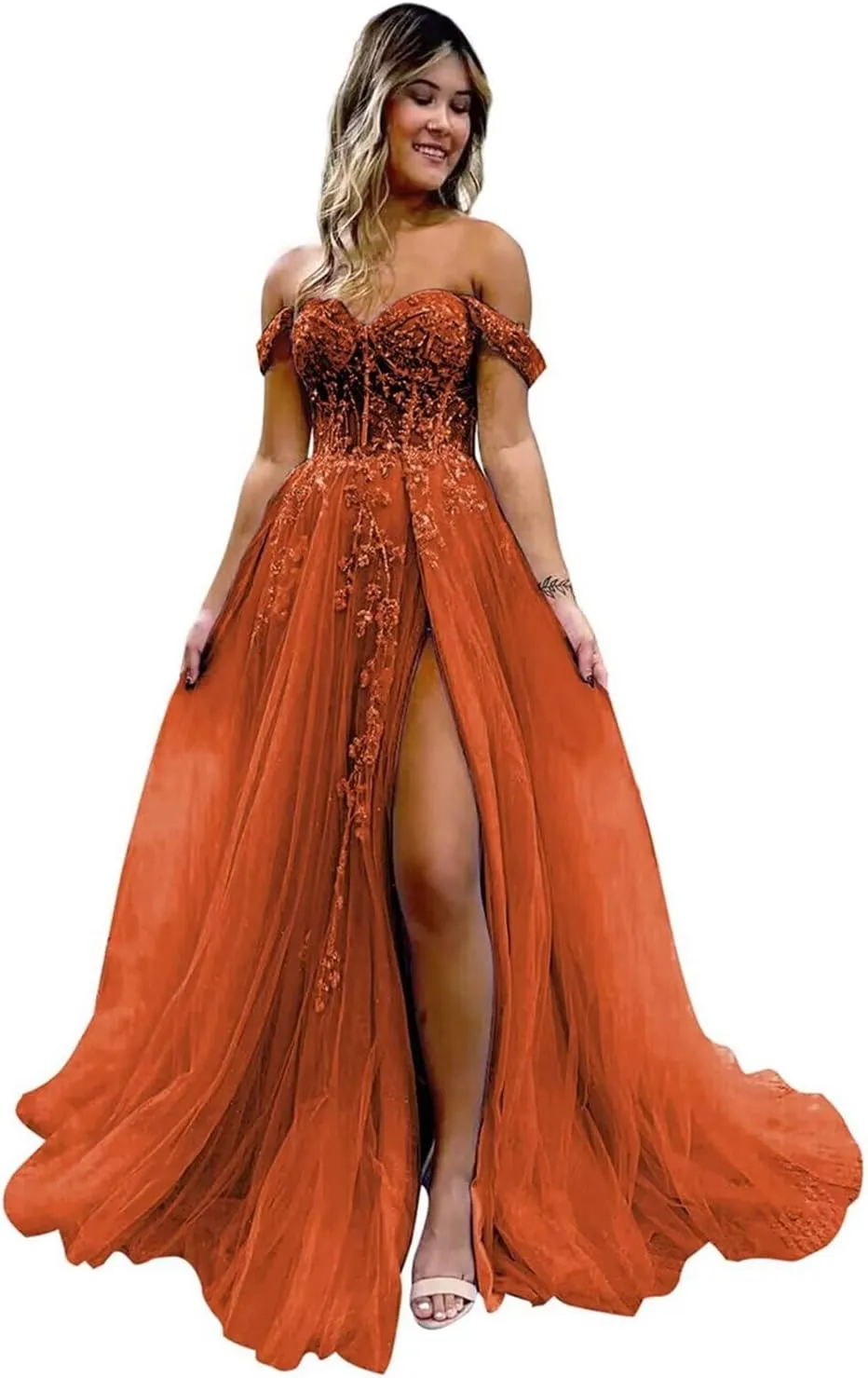 Off The Shoulder Tulle Prom Dresses with Slit Laces Applique Sweetheart Long Formal Evening Party Gowns