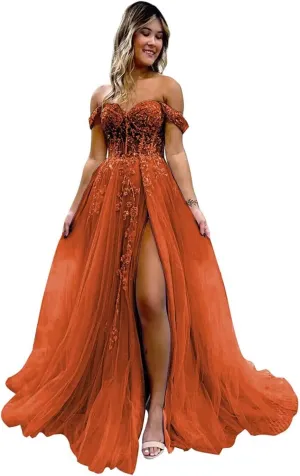 Off The Shoulder Tulle Prom Dresses with Slit Laces Applique Sweetheart Long Formal Evening Party Gowns