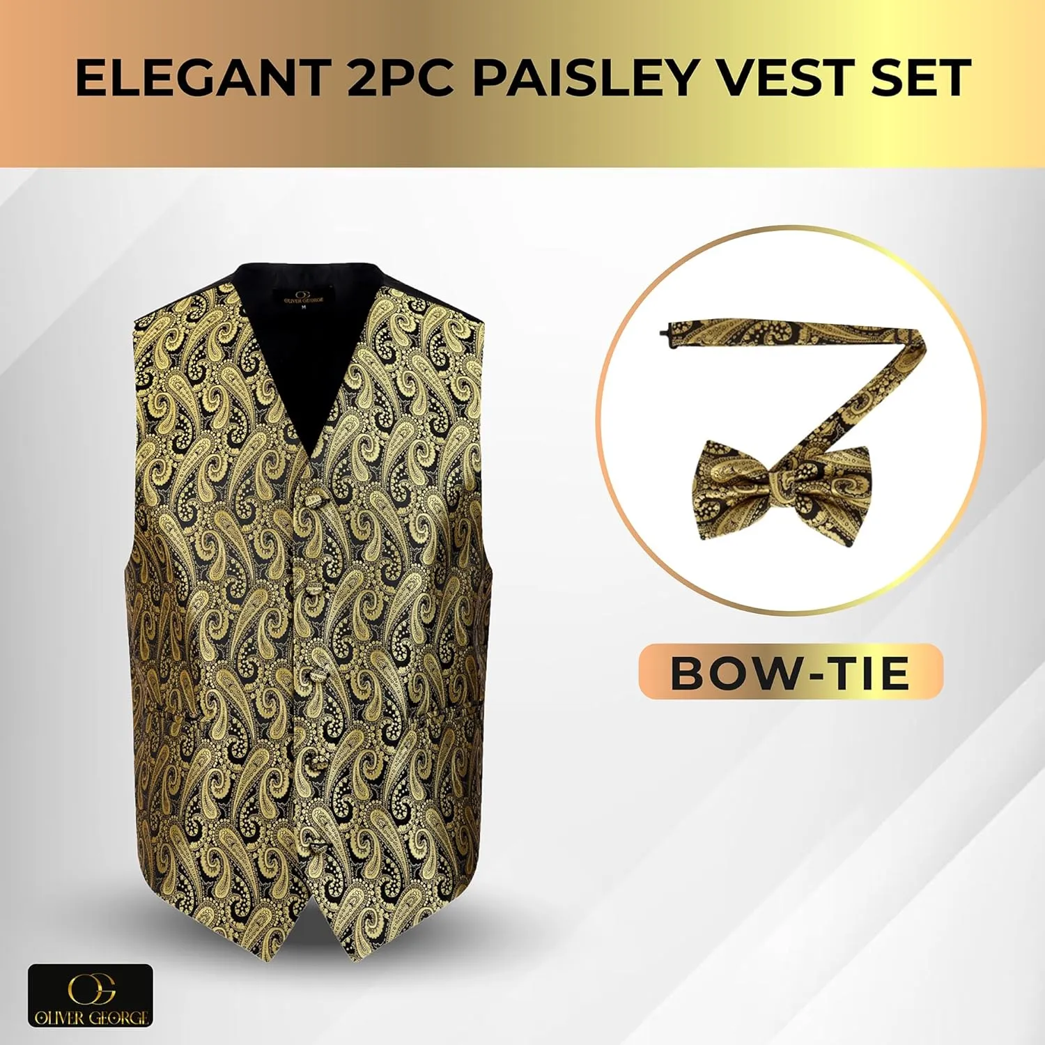 Oliver George Men's Paisley Formal Waistcoat Tuxedo Dress Vest Bow Tie Set for Suit or Tuxedo