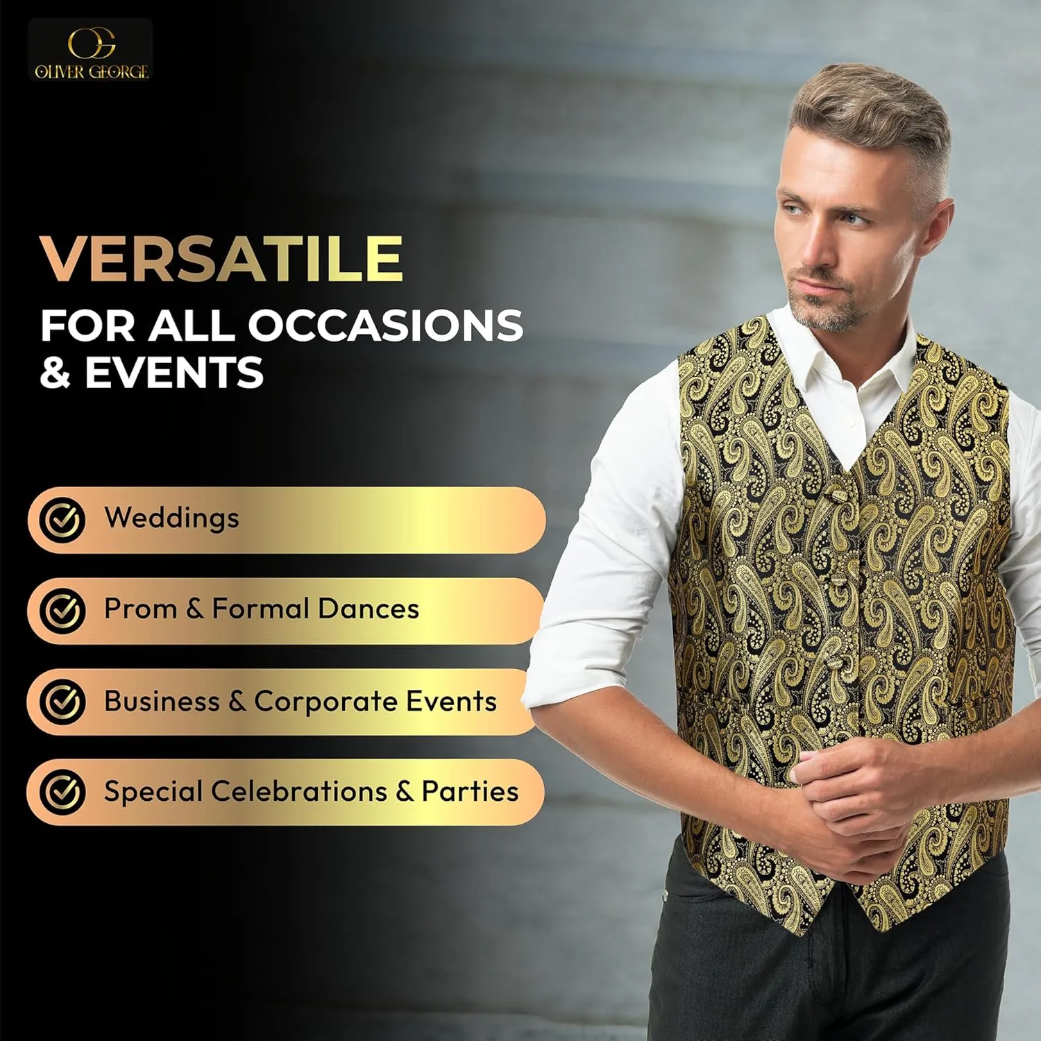 Oliver George Men's Paisley Formal Waistcoat Tuxedo Dress Vest Bow Tie Set for Suit or Tuxedo