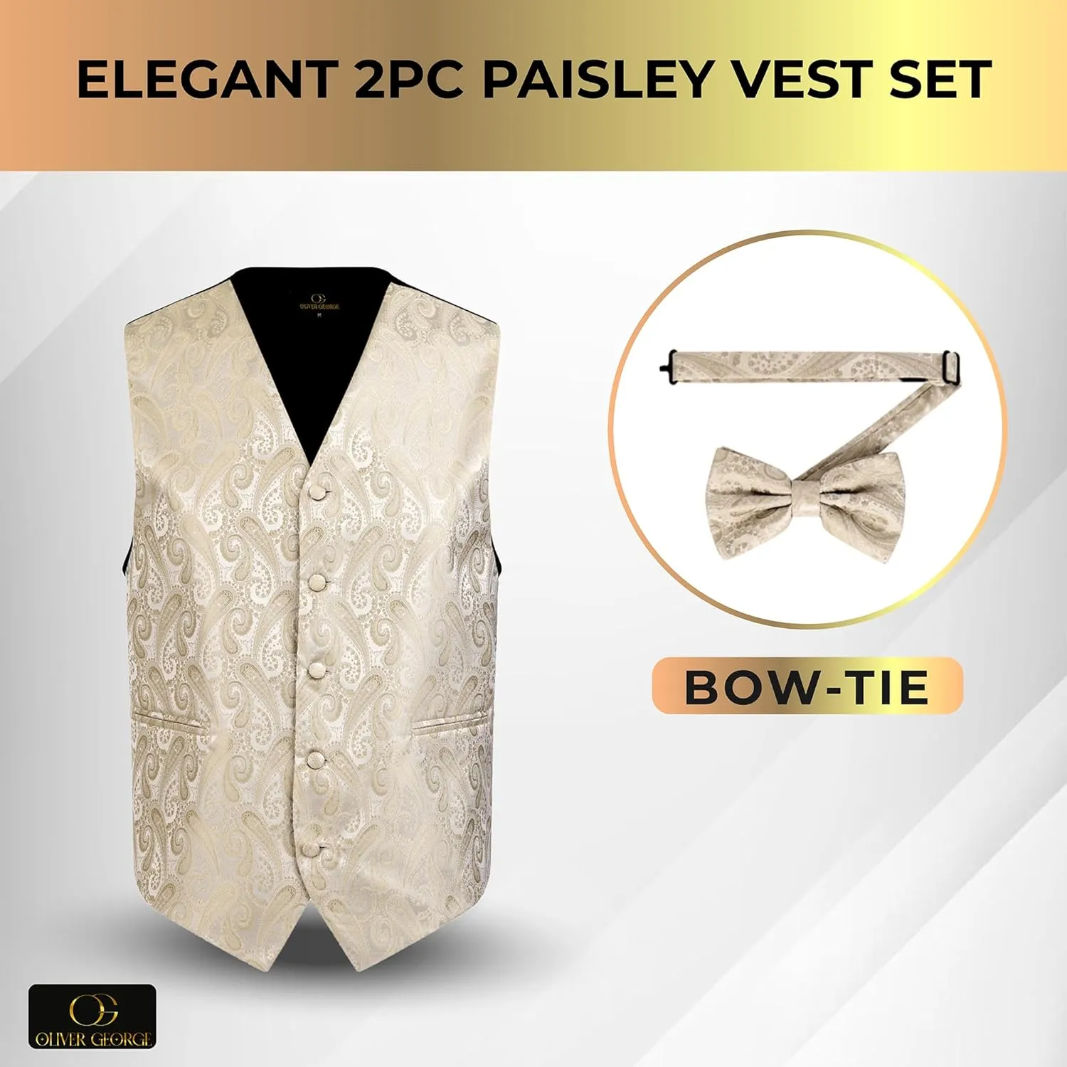 Oliver George Men's Paisley Formal Waistcoat Tuxedo Dress Vest Bow Tie Set for Suit or Tuxedo