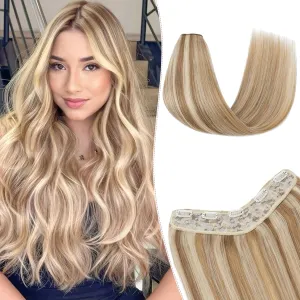 One Pieces Clip in Hair Extensions Human Hair Upgraded V-Shaped 5 Clips in Hair Extensions Human Hair Long Hairpiece For Women,22 Inch,#12P613 Golden Brown mixed Bleach Blonde,75g