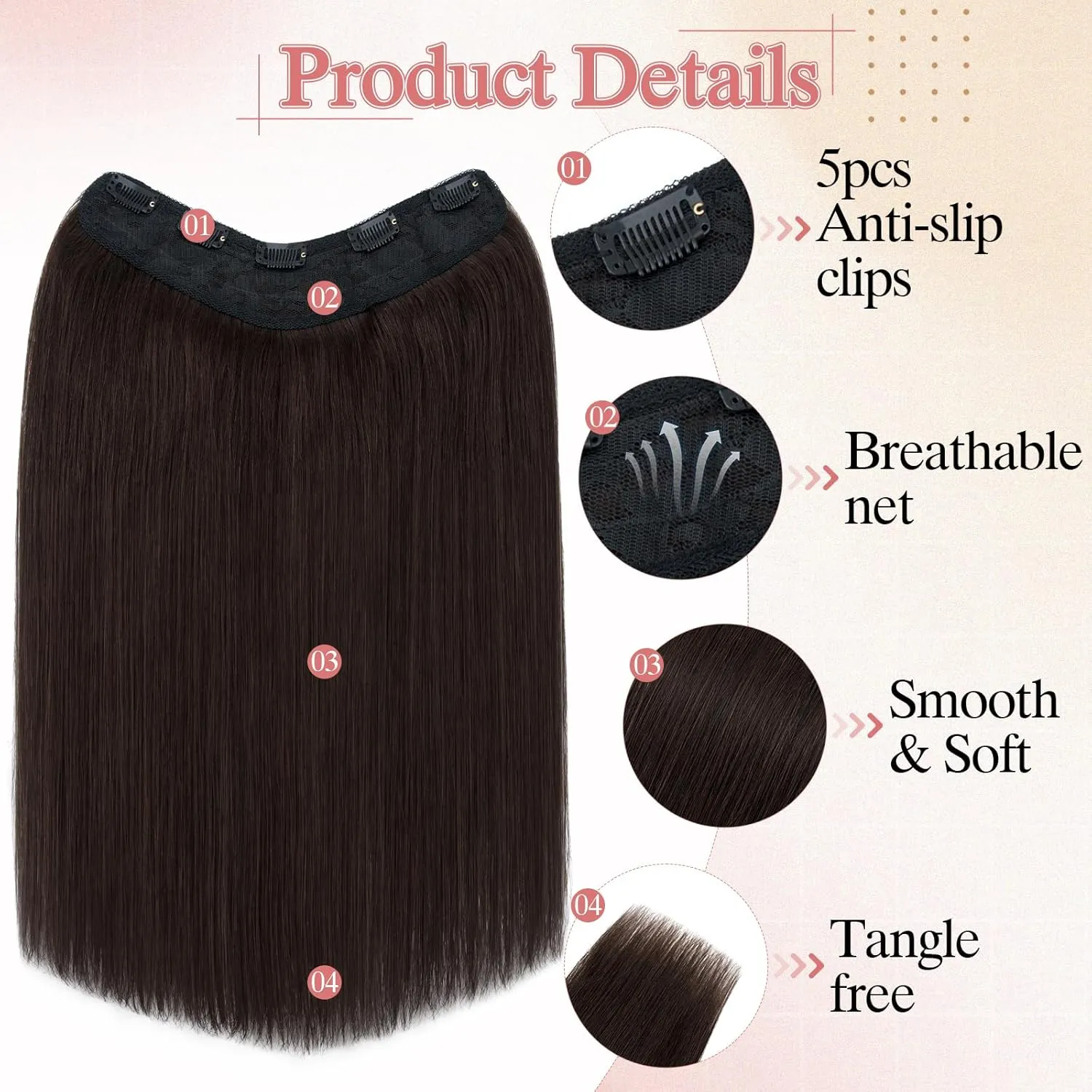 One Pieces Clip in Hair Extensions Human Hair Upgraded V-Shaped 5 Clips in Hair Extensions Human Hair Long One Piece Hairpiece for Women,22 Inch,#02 Dark Brown,75g
