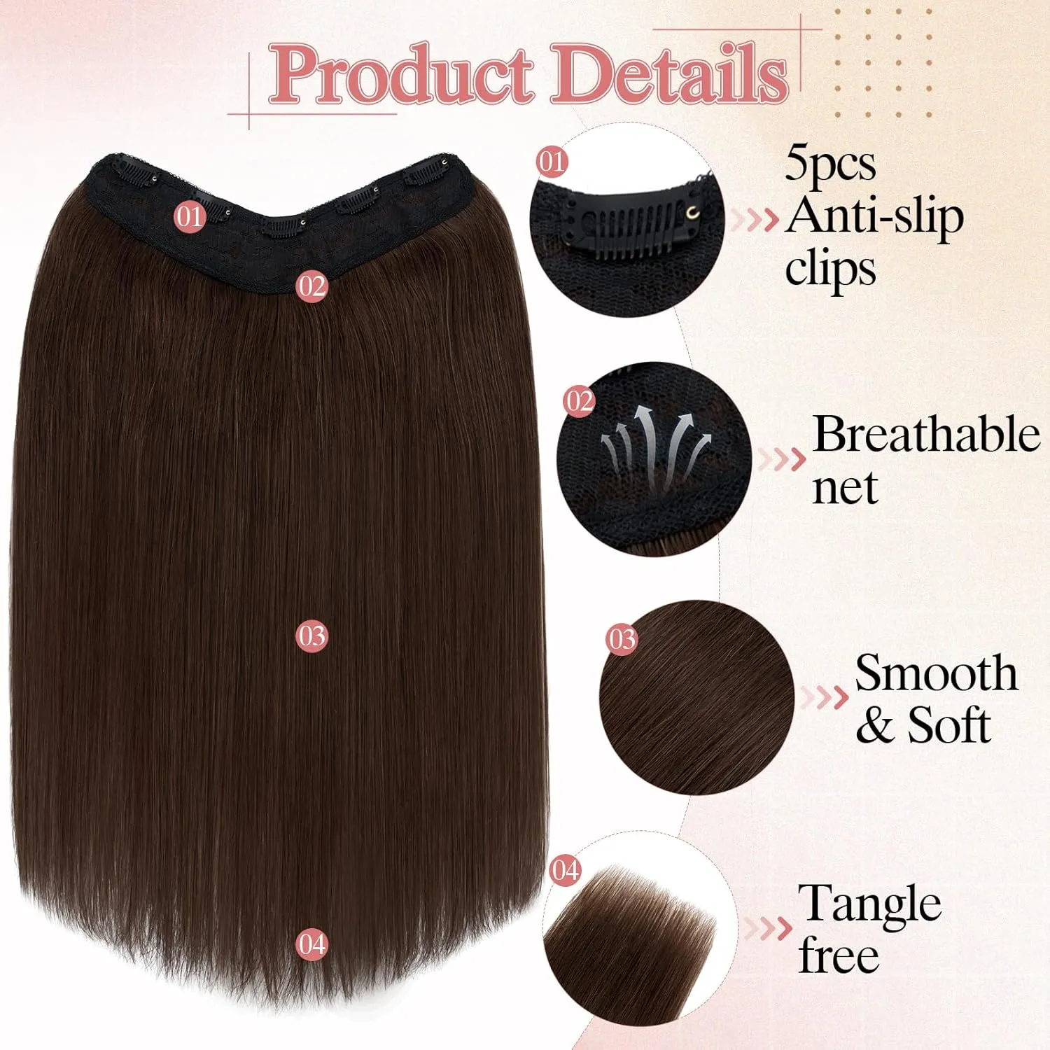 One Pieces Clip in Hair Extensions Human Hair Upgraded V-Shaped 5 Clips in Hair Extensions Human Hair Long One Piece Hairpiece for Women,22 Inch,#04 Chocalate Brown,75g