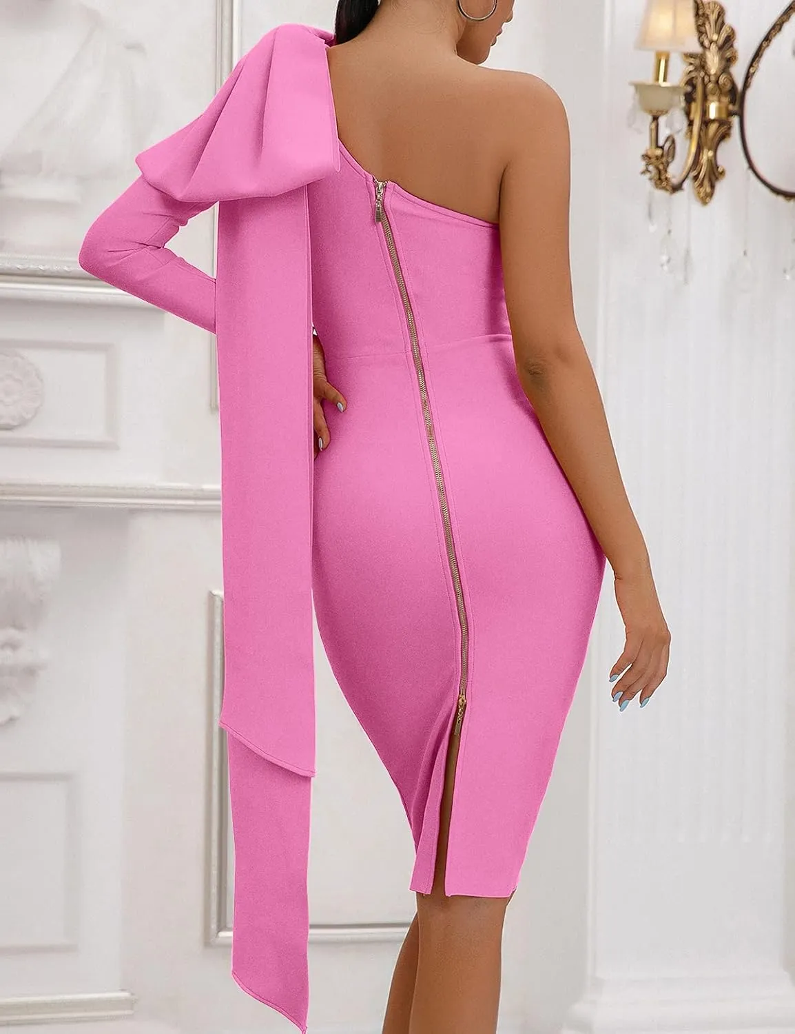One Shoulder Bodycon Bandage Dress for Women Tie Midi Celebrity Evening Clubwear Cocktail Party Dresses