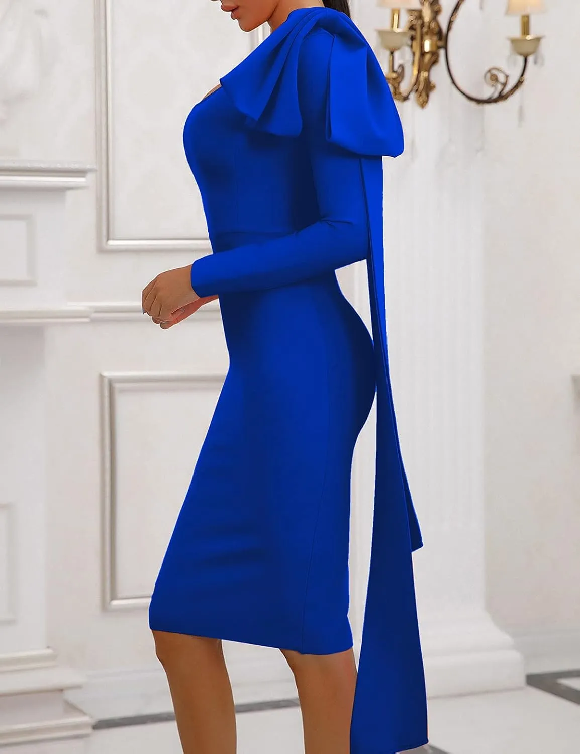 One Shoulder Bodycon Bandage Dress for Women Tie Midi Celebrity Evening Clubwear Cocktail Party Dresses