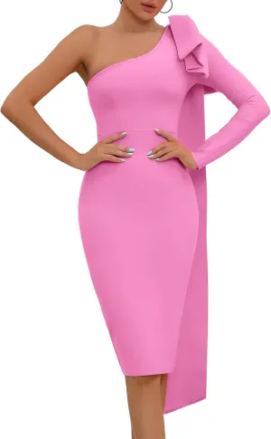 One Shoulder Bodycon Bandage Dress for Women Tie Midi Celebrity Evening Clubwear Cocktail Party Dresses