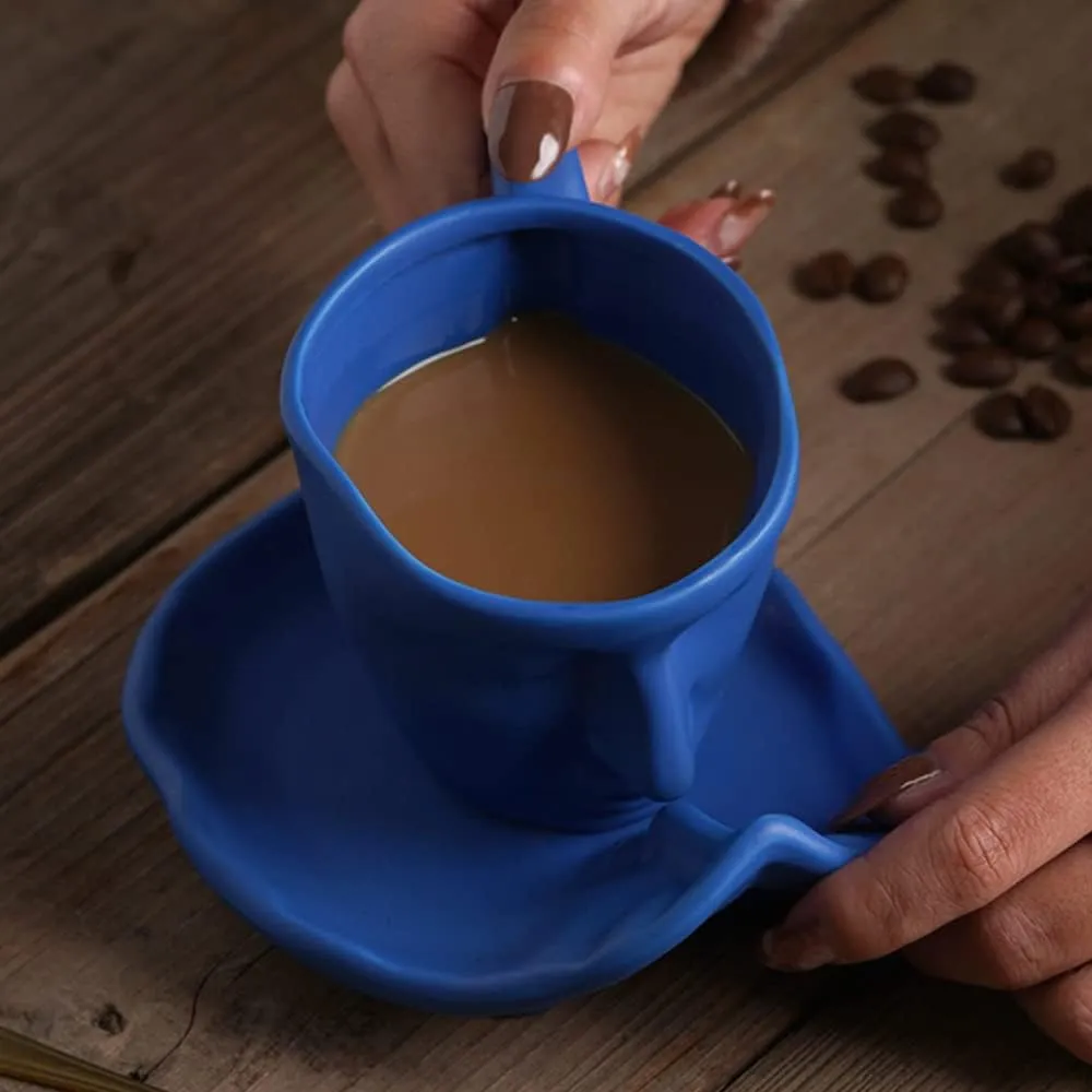 ONEUSTAR Coffee Cup and Saucer for 1 Ceramic Couple Face Kissing 8.5 oz Coffee Mug with Spoon for Valentine's Day, Anniversary, Wedding Gift, Blue