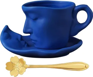 ONEUSTAR Coffee Cup and Saucer for 1 Ceramic Couple Face Kissing 8.5 oz Coffee Mug with Spoon for Valentine's Day, Anniversary, Wedding Gift, Blue