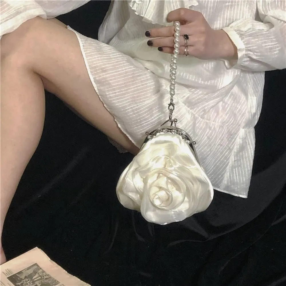 Onlymaker Women's Rhinestone Handbag Satin Rose Shaped Floral Clutch Purse Handbag Party Wedding