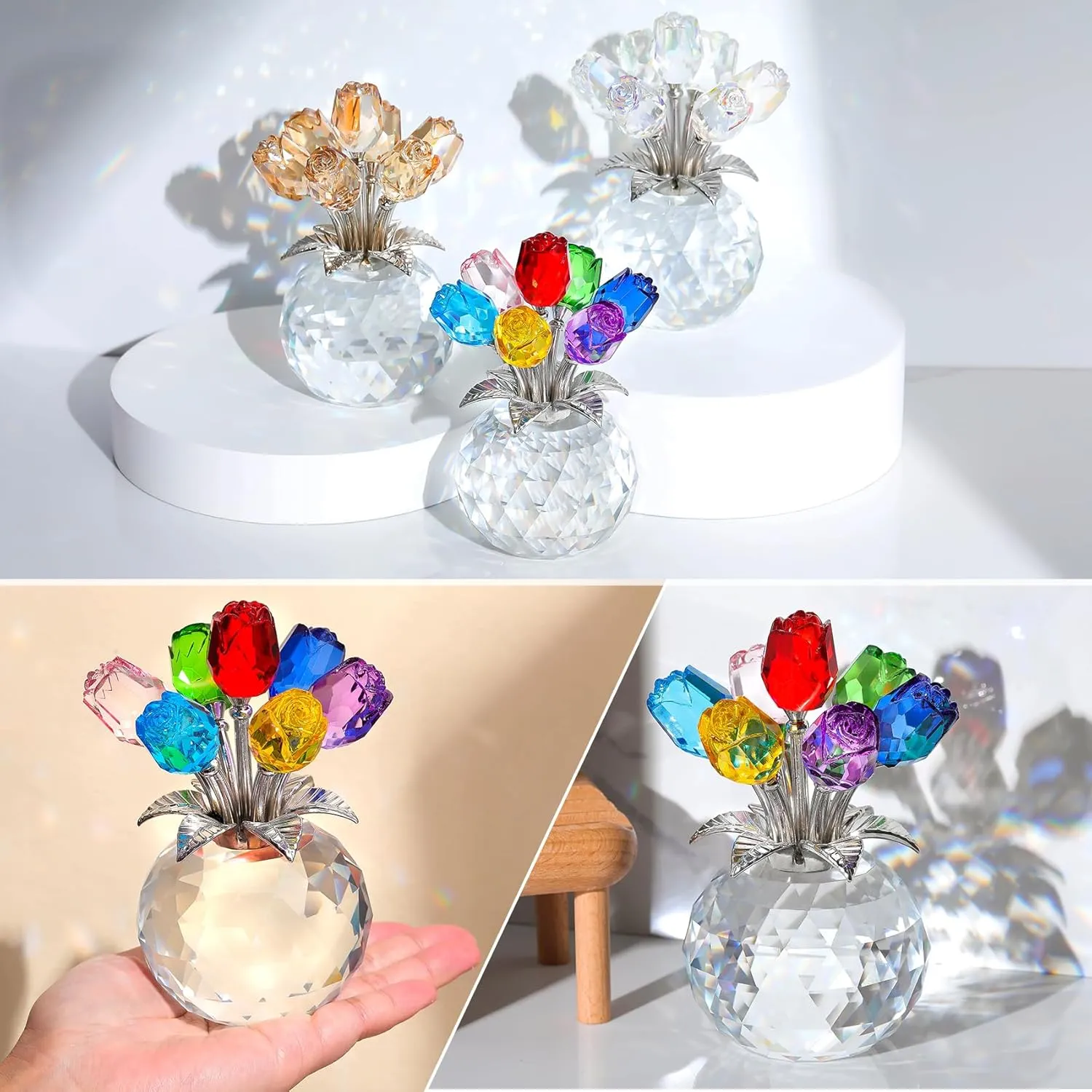 Ornalrist Crystal Colorful Rose Flower Collectible Figurine with Vase, Rose Bouquet Floral Romantic Gifts for Wife Mom Women on Mother's Day Valentine's Anniversary Christmas (5.11'' Gift Boxed)