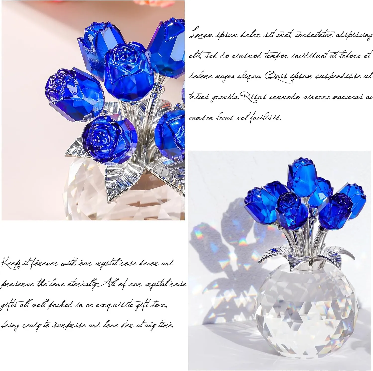 Ornalrist Crystal Rose Figurines Gifts for Wife Her, Romantic Presents for Women on Anniversary Valentine's Day Mother's Day Birthday Christmas, Glass Collectible Rose Floral Home Decor (Blue)