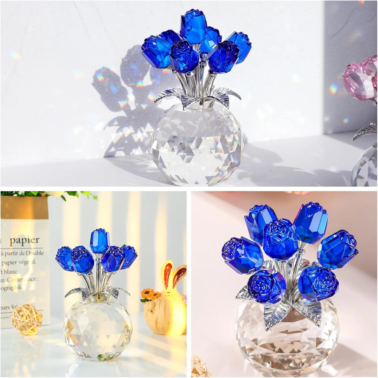 Ornalrist Crystal Rose Figurines Gifts for Wife Her, Romantic Presents for Women on Anniversary Valentine's Day Mother's Day Birthday Christmas, Glass Collectible Rose Floral Home Decor (Blue)