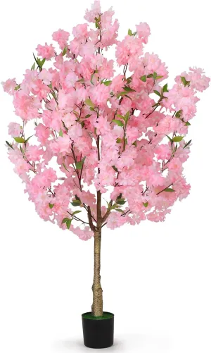 OUSHENG Artificial Cherry Blossom Tree, Fake Plants Indoor Decor, Faux Pink Sakura Flowers for Living Room Home House Entryway Bedroom Office Inside Decorations, 4FT