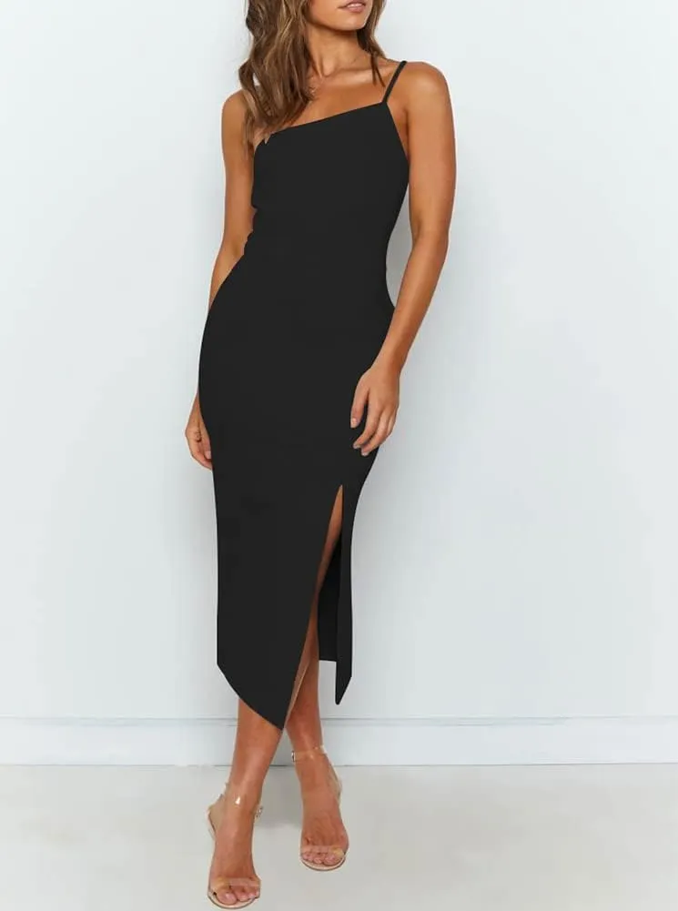 OWIN Women's Adjustable Spaghetti Straps Sleeveless High Waist Split Midi Bodycon Cocktail Party Dress