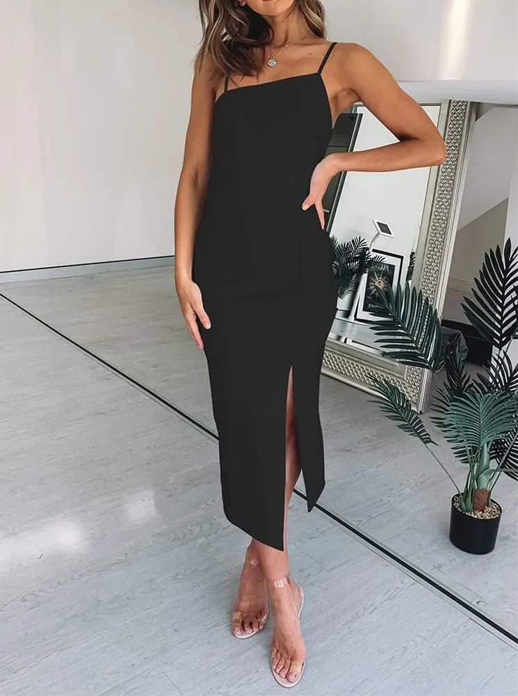 OWIN Women's Adjustable Spaghetti Straps Sleeveless High Waist Split Midi Bodycon Cocktail Party Dress