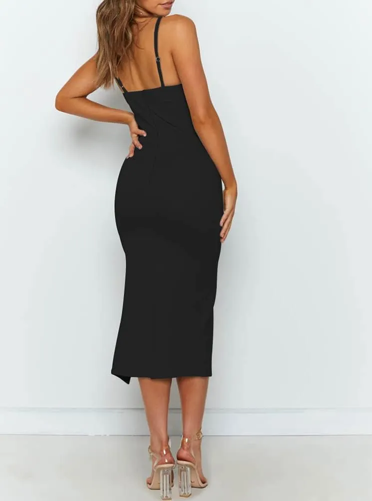 OWIN Women's Adjustable Spaghetti Straps Sleeveless High Waist Split Midi Bodycon Cocktail Party Dress
