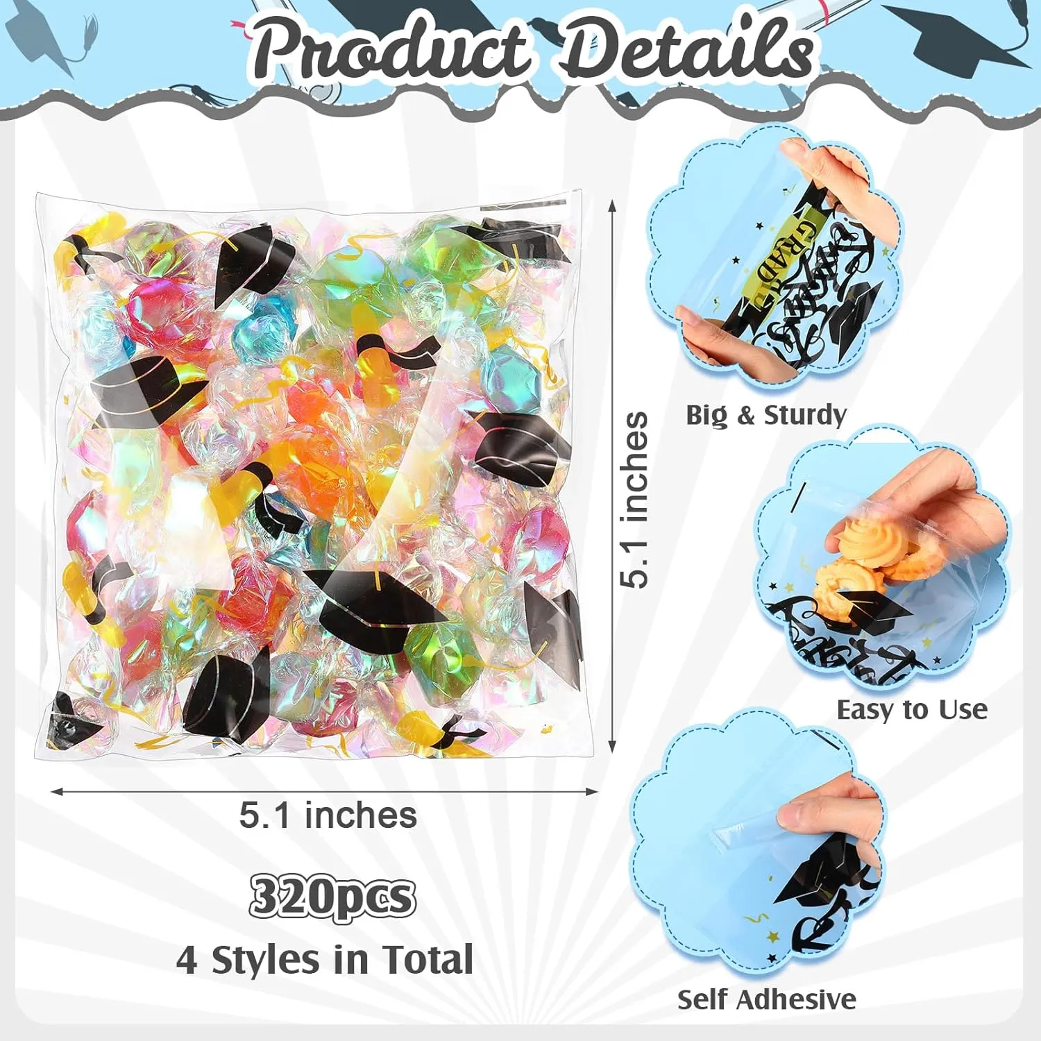 Pajean 320 Pcs Graduation Treat Bags Bulk Self Adhesive Congrats Grad Candy Goodie Bags Plastic Cellophane bags for Class of 2025 Party Favors Chip Snack Food Cookie Gifts, 4 Style(Black Gold)