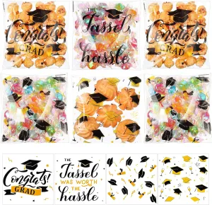 Pajean 320 Pcs Graduation Treat Bags Bulk Self Adhesive Congrats Grad Candy Goodie Bags Plastic Cellophane bags for Class of 2025 Party Favors Chip Snack Food Cookie Gifts, 4 Style(Black Gold)