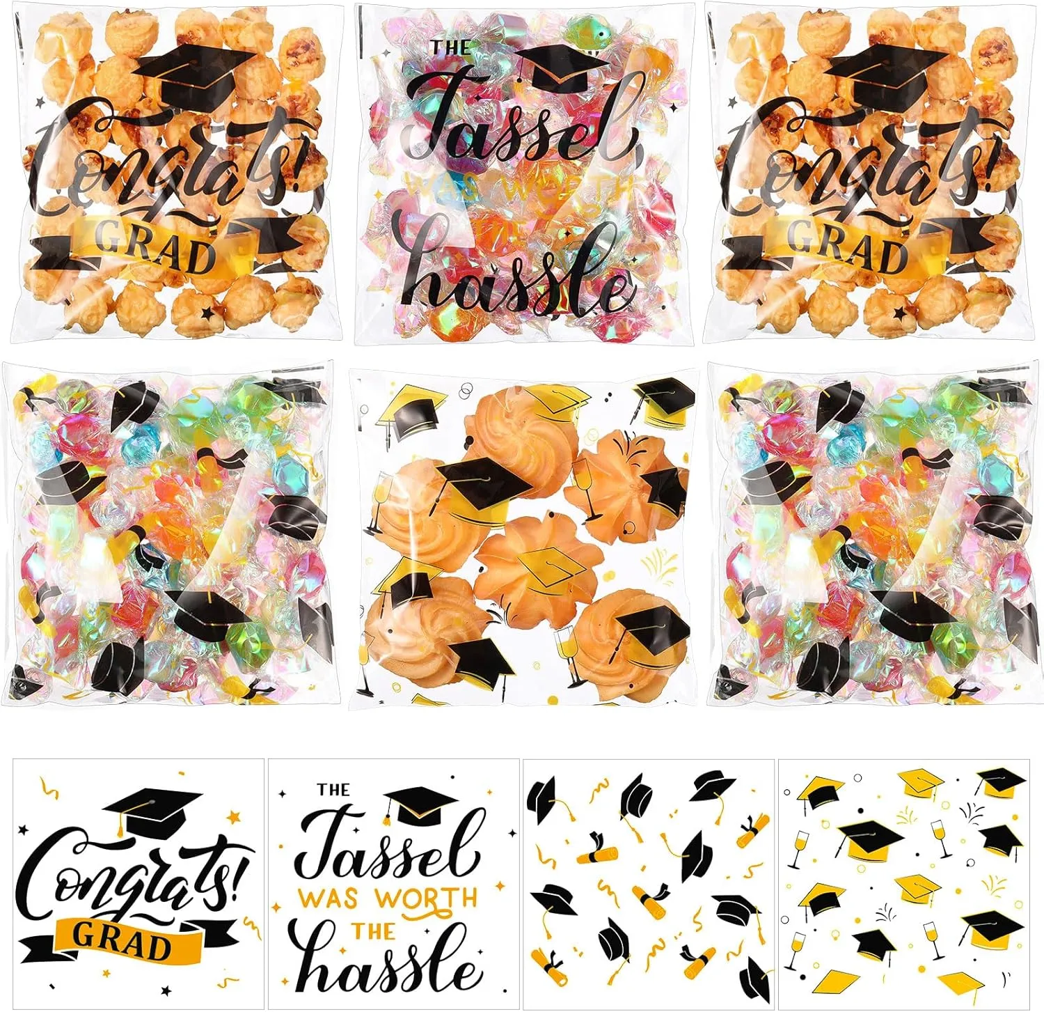 Pajean 320 Pcs Graduation Treat Bags Bulk Self Adhesive Congrats Grad Candy Goodie Bags Plastic Cellophane bags for Class of 2025 Party Favors Chip Snack Food Cookie Gifts, 4 Style(Black Gold)