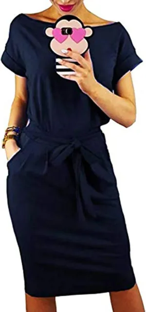 PALINDA Women's Striped Elegant Short Sleeve Wear to Work Casual Pencil Dress with Belt