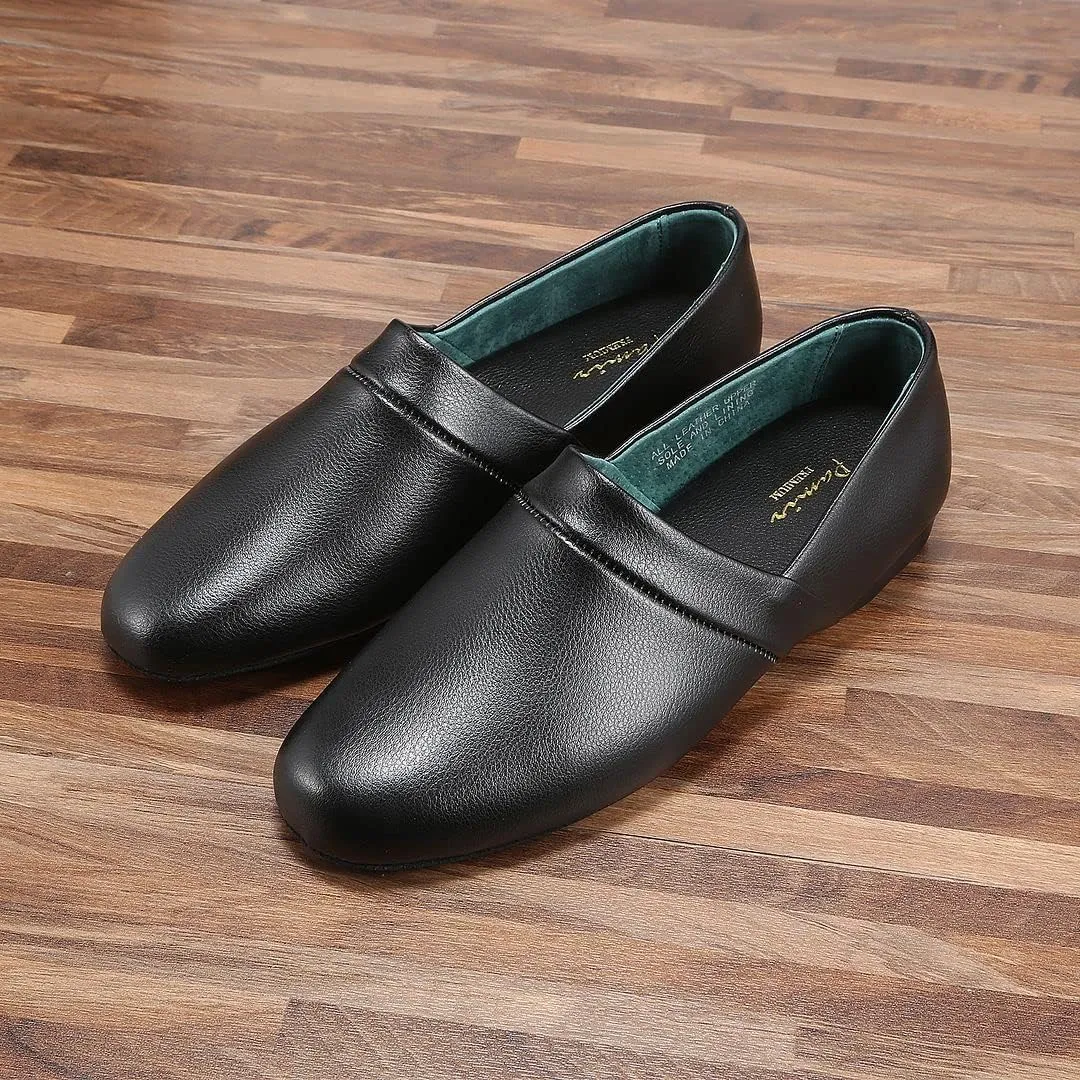 PAMIR Men's Genuine Leather Opera Slippers with Memory Foam Insole and Leather Outsole