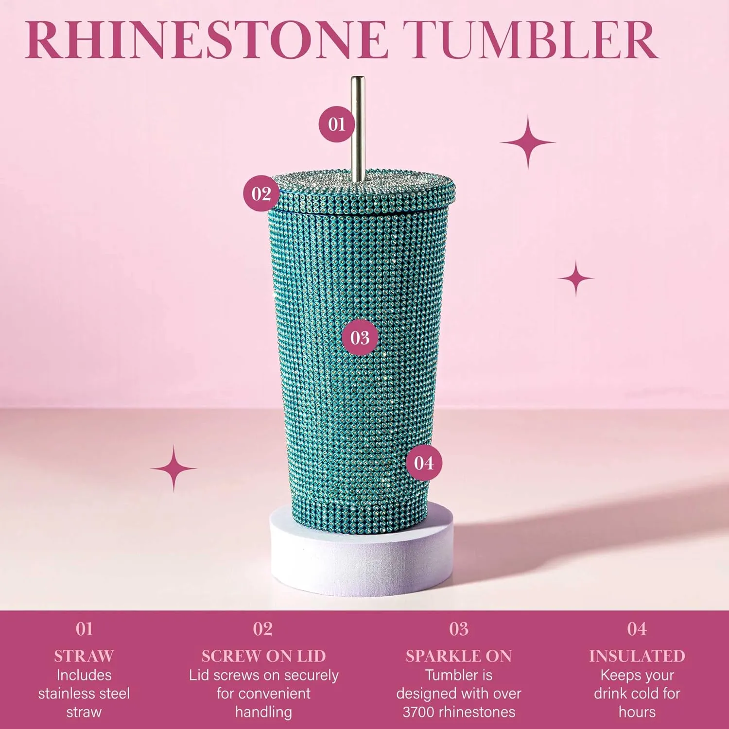 Paris Hilton Diamond Bling Water Tumbler With Lid And Straw, Vacuum Insulated Stainless Steel, Bedazzled With Over 3700 Rhinestones, 16.9-Ounce, Blue